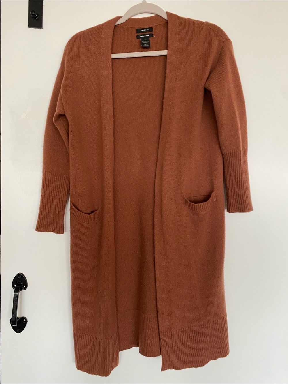 Halogen Open-Front Long Cardigan Sweater in Rusty Orange 70% wool 30% cashmere